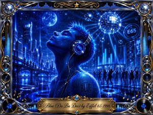 A luminous blue figure wearing headphones tilts upward in a futuristic neon city transformed into a dazzling dance floor. Deep cobalt and electric cyan dominate, accented by chrome, gold, disco balls, speakers, equalizer lights, and dancing silhouettes. Glossy digital painting, radiant reflections, and an ornate musical frame create euphoric, dreamlike energy.