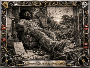 A relaxed man lounges on a weathered porch amid drifting smoke, an acoustic guitar, scattered bills, a forgotten to-do list, and neglected yard chores. Deep feathered charcoal textures create a hazy, humorous mood beneath soft sunset light. A chrome-and-gold musical frame, bright red smiling lips, vinyl motifs, and engraved title plate complete the playful composition.