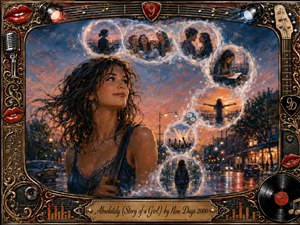 A wistful young woman stands against a glowing city sunset as translucent memory bubbles sweep across the scene in a graceful S-curve, revealing friendship, romance, solitude, and celebration. Warm coral, gold, and deep blue tones shimmer across wet streets, while textured acrylic brushwork and an ornate music-themed frame create a nostalgic, cinematic mood.