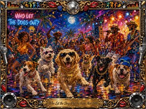 A vibrant acrylic-style tropical night party bursts with dancing crowds, live musicians, confetti, and six exuberant dogs racing toward the viewer. Saturated blues, reds, golds, and neon lights create festive energy beneath a glowing moon. An ornate chrome-and-gold musical frame surrounds the scene, finished with microphones, speakers, lips, and an engraved title plate.