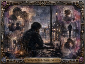 A solitary figure sits beside a rain-streaked window, surrounded by photographs and fading romantic memories drifting across a nocturnal cityscape. Muted violet, charcoal, amber, and rose tones create a melancholy atmosphere, illuminated by streetlights and candlelight. Painterly textures, reflective pavement, musical ornaments, and an elaborate metallic frame deepen the nostalgic mood.