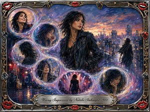 A dark-haired woman in a leather jacket stands against a glowing twilight cityscape, surrounded by dreamlike circular memories that curve across the composition. Rich blues, violets, golds, and reds shimmer in painterly light, creating a reflective, bittersweet mood. An ornate chrome-and-gold musical frame, red lips, guitar picks, and engraved title plate complete the nostalgic design.