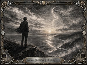 A lone figure stands on a windswept coastal cliff, gazing toward a glowing horizon beneath swirling charcoal clouds and the ghostly face of a distant woman. Silvery grays, deep blacks, and soft highlights create a wistful, romantic mood, framed by ornate chrome, gold, guitar strings, wings, picks, and acoustic guitar details.