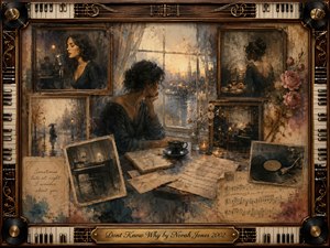 A solitary woman sits beside a rain-streaked window, surrounded by faded photographs, handwritten pages, roses, sheet music, and a vinyl record. Warm amber light meets muted blues and sepia tones, creating a wistful, intimate mood. Painterly textures, vintage frames, piano-key borders, and delicate gold details evoke tender memories and quiet reflection.