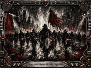 A shadowy marching army advances through a rain-darkened city, led by drummers beneath a torn crimson banner. Heavy charcoal-like textures, stark black, white, and deep red tones create a tense, defiant mood. Dramatic central perspective and smeared reflections suggest relentless motion, framed by ornate guitars, chrome hardware, gold inlay, and red lips.