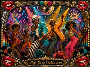 A vibrant retro-funk party erupts beneath a glittering disco ball, with charismatic performers and dancers filling the stage in joyful motion. Saturated teal, orange, pink, red, and gold glow under dramatic spotlights and confetti. Painterly acrylic textures, neon music symbols, vinyl records, microphones, red lips, and an ornate gold frame amplify the celebratory energy.