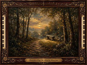 A secluded woodland path opens toward a weathered stone bench beneath a glowing sunset, creating a tender, nostalgic sense of discovery and remembrance. Rich browns, deep greens, and warm golds dominate the oil-painted scene. An ornate rosewood frame, piano keys, musical notes, roses, and engraved title plate complete the composition.