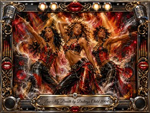 Three glamorous female performers command a fiery concert stage in synchronized motion, surrounded by swirling smoke, glowing spotlights, and explosive red, gold, black, and white brushwork. The ornate chrome-and-gold frame features microphones, speakers, equalizer lights, and glossy red lips, creating a fierce, rhythmic, high-energy painted poster atmosphere.