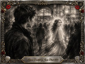 A wistful charcoal scene captures a young man watching a luminous woman glance back through a crowded station, suggesting a fleeting romantic connection. Deep blacks, smoky grays, and soft ivory light create a melancholic mood. Ornate chrome-and-gold framing, guitar strings, roses, red lips, and an engraved title plate complete the composition.