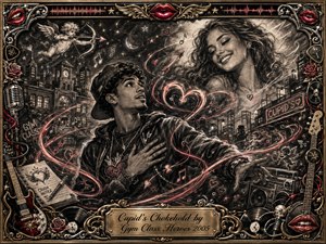 A richly textured charcoal scene captures a young man swept into romantic fascination beneath an idealized smiling woman floating above a nighttime cityscape. Crimson heart trails, cupid arrows, music notes, and glowing accents swirl through the composition. An ornate gold-and-chrome musical frame, red lips, roses, instruments, and engraved title plate complete the nostalgic urban collage.