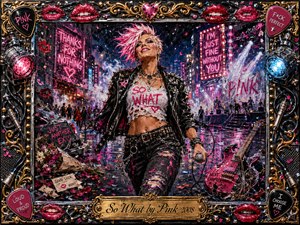 A defiant punk-pop heroine strides through a neon-soaked nighttime street, surrounded by confetti, shattered romance symbols, stage lights, and a broken guitar. Hot pink, black, chrome, gold, and electric blue dominate the energetic acrylic texture. An ornate music-themed frame and engraved title plate intensify the rebellious, triumphant mood.