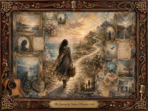 A solitary woman walks along a winding coastal path toward a glowing horizon, surrounded by faded portraits, landscapes, handwritten letters, and treasured memories. Warm sepia, muted blue, and soft gold tones create a wistful atmosphere. Ornate rosewood, roses, musical notes, guitars, and microphones frame the richly textured painterly collage.