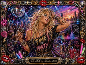 A glittering blonde party singer commands a neon nightclub scene, microphone in hand amid dancing crowds, confetti, speakers, glow sticks, and a sunrise city skyline. Electric pinks, blues, gold, and chrome create exuberant energy. Thick, textured acrylic-style brushwork fills an ornate music-themed frame with red lips, disco balls, and a polished engraved title plate.