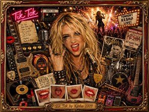 A glittering pop-rock collage centers on a rebellious blonde singer performing amid guitars, drums, microphones, records, cassette tapes, concert passes, neon signs, and lipstick photographs. Warm gold, red, black, and electric pink tones glow under dramatic stage lighting. An ornate baroque frame and engraved title plate complete the energetic, glamorous composition.