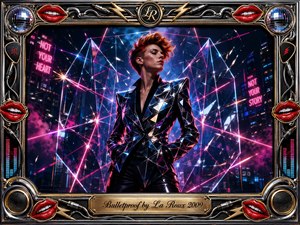 A confident red-haired figure stands at the center of a neon city, wrapped in angular mirrored armor that reflects electric pink and icy blue light. Shattered geometric panels, sparks, haze, and glowing beams create a defiant futuristic mood, while the ornate chrome-and-gold music-themed frame adds theatrical retro-pop glamour.