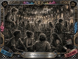 A lively college courtyard party unfolds beneath glowing string lights, surrounded by brick campus buildings and laughing students dancing, talking, and sharing the night. Deep feathered charcoal textures create a nostalgic, energetic mood, accented by warm lights and subtle neon colors. An ornate chrome-and-gold music-themed frame completes the scene.