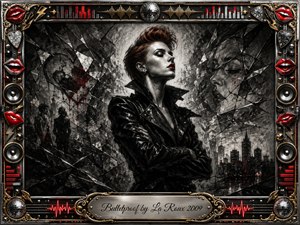 A defiant woman in a glossy black jacket stands amid shattered charcoal textures, ghostly faces, and a distant city skyline. Deep blacks, smoky grays, metallic silver, and vivid red accents create a tense, resilient mood. Ornate chrome-and-gold framing, red lips, speakers, sound waves, and disco details add glamorous synth-pop energy.