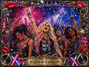 A jubilant group of glitter-covered partygoers dances beneath neon club lights, confetti, and a mirrored disco ball, radiating rebellious confidence and carefree unity. Vibrant acrylic textures blend hot pink, electric blue, purple, gold, and chrome. An ornate music-themed frame of red lips, speakers, stars, glow sticks, and metallic filigree surrounds the energetic scene.