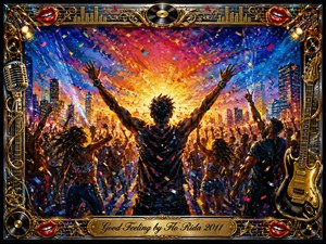 A jubilant city celebration erupts beneath a radiant sunrise as a central figure raises both arms above a dancing crowd. Vibrant acrylic textures blend electric blues, magentas, fiery oranges, and gold light with confetti and glowing skyscrapers. An ornate chrome-and-gold musical frame, microphones, guitars, records, red lips, and an engraved title plate complete the energetic scene.