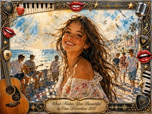 A radiant young woman smiles on a sunlit seaside promenade, her windblown hair glowing against sparkling blue water and a lively beach scene. Warm gold, turquoise, cream, and red tones create an upbeat, romantic mood. Painterly watercolor and acrylic textures blend with an ornate music-themed frame of guitars, piano keys, lips, stars, and a gold title plaque.