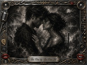 A charcoal-rendered couple stands nearly forehead to forehead in a smoky nighttime cityscape, suspended between longing and restraint. Deep blacks, silvery grays, soft moonlight, and feathered textures create a dramatic noir mood. Ornate chrome-and-gold musical framing, cables, speakers, red lips, and the engraved title plate complete the intimate composition.