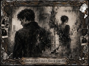 A somber man and distant woman occupy a fractured, dreamlike interior, their separation emphasized by cracked textures, ghostly reflections, and fading silhouettes. Deep charcoal blacks, smoky grays, and muted sepia create a melancholic mood. Ornate metallic framing, broken strings, photographs, sound waves, and gold accents reinforce memory, loss, and emotional distance.