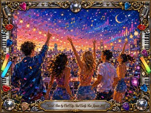A vibrant rooftop celebration unfolds beneath a glowing sunset-to-twilight sky, where friends dance with raised hands amid confetti, string lights, music notes, and sparkling city lights. Rich blues, pinks, golds, and purples create a joyful acrylic-painted atmosphere, framed by ornate chrome, gold, piano keys, microphones, disco balls, and colorful guitar picks.
