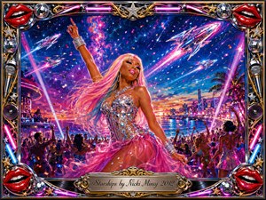 A glamorous pop star dances at the center of a neon waterfront celebration beneath a star-filled cosmic sky streaked with glowing spacecraft. Electric pink, blue, violet, silver, and gold lighting energize the jubilant crowd, confetti, and city reflections. A richly detailed chrome-and-gold musical frame surrounds the vivid acrylic-style scene.