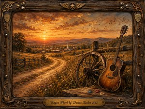 A weathered acoustic guitar and wooden wagon wheel rest beside a winding country road overlooking a small valley town at sunset. Warm amber, gold, and russet tones create a nostalgic, homeward mood. Richly textured oil-paint styling, glowing clouds, distant mountains, musical notes, wildflowers, and a rustic instrument-themed frame complete the scene.