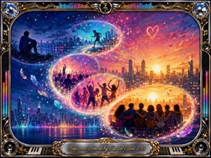A vibrant neon cityscape unfolds through glowing feather-edged bubbles arranged in an elegant S-curve, tracing solitude, movement, celebration, and friendship. Cool blues and teals transition into magenta, coral, and golden sunset light. A polished chrome-and-gold musical frame, speakers, equalizer bars, disco accents, and engraved title plate complete the cinematic digital painting.