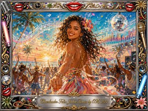 A radiant woman dances at the heart of a tropical beach festival, surrounded by palm trees, cheering crowds, confetti, musical notes, and glowing sunset light. Vivid turquoise, coral, gold, and pink acrylic-style brushwork creates a joyful, romantic mood, framed by chrome, microphones, disco balls, red lips, records, and ornate gold details.