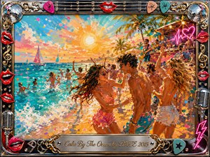 A vibrant acrylic-style beach party unfolds beneath a radiant golden sunset, with turquoise waves, sailboats, palm trees, dancers, and a lively seaside stage. Coral, aqua, pink, and yellow tones create a playful, flirtatious mood, while confetti-like brushwork, neon accents, musical ornaments, glossy red lips, and an ornate chrome-gold frame amplify the celebratory energy.