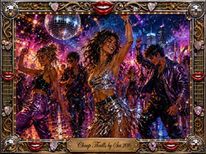 A jubilant neon dance party pulses beneath a mirrored disco ball, with stylish dancers moving through confetti, city lights, and glowing reflections. Bold acrylic textures blend electric blues, magentas, violet, silver, and gold. An ornate chrome-and-gold musical frame, smiling red lips, guitar details, and an engraved title plate complete the exuberant scene.