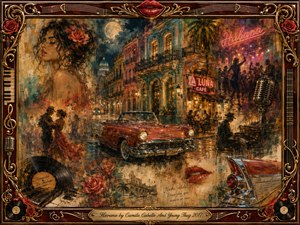 A romantic Havana night unfolds in a richly textured collage of moonlit colonial streets, vintage cars, dancers, music, roses, and glowing cafe signs. Warm reds, golds, turquoise, and midnight blue create a nostalgic, sensual mood. Painterly oil, acrylic, and watercolor textures blend beneath an ornate rosewood-and-gold musical frame.