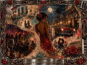 A sultry woman in a flowing red dress anchors a nostalgic Havana night collage, surrounded by moonlit streets, a vintage convertible, musicians, dancing silhouettes, roses, and faded romantic memories. Rich reds, golds, teal, and amber glow through painterly textures, framed by ornate chrome, musical motifs, microphones, piano keys, and gilded flourishes.