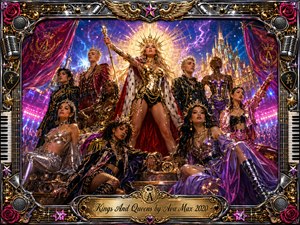 A radiant queenly figure commands a glamorous royal stage, surrounded by confident companions in jeweled, military-inspired fashion. Golden light bursts behind them against a violet-blue cityscape alive with stars and lightning. Rich crimson, magenta, chrome, and gold create a triumphant mood, framed by ornate roses, microphones, wings, piano keys, and metallic flourishes.