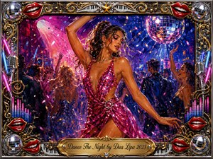 A glamorous dancer in a sparkling magenta dress commands a vibrant nightclub scene beneath a mirrored disco ball, surrounded by confetti, dancing silhouettes, and glowing stage lights. Rich pink, violet, blue, and gold tones create an energetic, celebratory mood, framed by ornate chrome-and-gold musical details, red lips, microphones, and piano motifs.