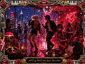 A glamorous rooftop apartment party erupts in electric red, pink, black, and gold, centered on two stylish performers dancing beneath a glittering disco ball. City lights glow beyond the windows while musicians, guitars, keyboards, records, candles, and confetti fill the scene. Ornate chrome-and-gold framing adds bold, playful rock-pop extravagance.