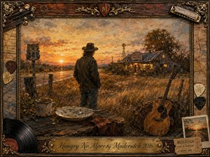 A lone traveler stands beside a quiet country road at sunset, gazing toward a warmly lit roadside diner beneath sweeping amber and blue-gray skies. Richly textured oil-and-watercolor brushwork creates a nostalgic, reflective mood, while an acoustic guitar, empty plate, vintage signs, maps, records, and ornate musical frame details suggest peace after longing.