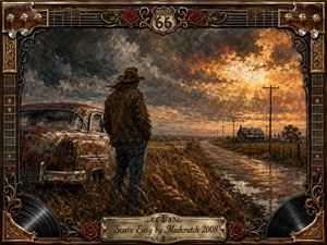 A solitary traveler stands beside a weathered vintage car on a lonely rural highway beneath a turbulent sunset sky. Warm amber light breaks through charcoal clouds, illuminating tall grasses, telephone poles, and distant farmhouses. Rich oil-painted textures, rusty browns, deep golds, roses, guitar strings, vinyl records, and ornate framing create rugged Americana nostalgia.