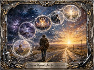 A lone traveler walks a weathered highway toward a radiant sunrise, while storm clouds and lightning fade behind him. Feathered memory bubbles sweep across the sky in an S-curve, revealing childhood, crossroads, music, doubt, and peace. Rich blues, violets, and golds glow within a textured painterly style, framed by ornate chrome and musical details.