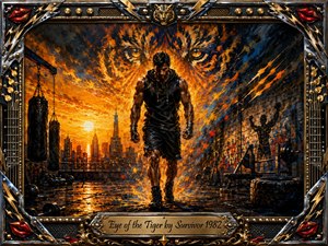 A determined athlete strides through a gritty rooftop training space as a blazing tiger visage emerges behind him. Fiery orange, gold, black, and steel-blue tones create fierce intensity, while dramatic sunset light sharpens muscular forms and urban textures. Expressive painted strokes, gym equipment, graffiti, and an ornate metallic frame reinforce strength, focus, and triumph.
