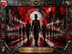 A regiment of shadowy figures marches through a stark red, black, and white cityscape beneath concentric painted circles and pulsing sound-wave forms. Bold acrylic textures, splattered surfaces, and glossy reflections create a tense, rebellious mood. An ornate music-themed frame of strings, picks, microphones, gold inlay, and red lips completes the dramatic composition.