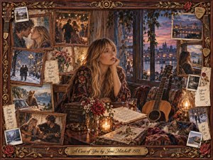 A contemplative woman sits beside an acoustic guitar in a warmly lit room overlooking a twilight city, surrounded by rosewood-framed memories of love, travel, and winter streets. Amber candlelight, deep burgundy fabrics, dusky blues, roses, handwritten pages, and ornate gold details create a tender, nostalgic mixed-media collage of longing and reflection.