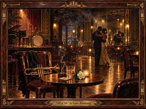 A romantic couple dances in an elegant, smoky Art Deco jazz club glowing with amber candlelight and polished brass. A trumpet, whiskey glass, white flower, piano, and empty chairs deepen the wistful mood. Rich mahogany, burgundy, gold, and shadowy black create a nostalgic, painterly atmosphere framed with ornate musical details.