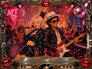 A vibrant glam-rock party erupts around two charismatic performers singing and playing electric guitar amid a dancing crowd. Fiery reds, hot pinks, chrome, and gold dominate beneath neon lights and a glittering disco ball. Expressive painted textures, confetti, instruments, glossy lips, ornate trim, and an engraved title plate create exuberant retro energy.