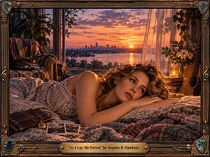 A reflective young woman rests among richly textured blankets beside an open window overlooking a glowing sunset river and distant skyline. Warm amber, rose, and violet light fills the intimate room, where flowers, candles, photographs, a guitar, journal, and sleeping cat deepen the nostalgic, romantic mood within an ornate musical frame.