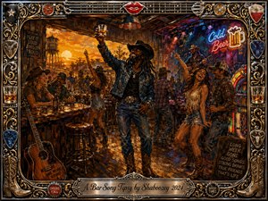A lively honky-tonk celebration unfolds around a smiling cowboy raising a whiskey glass amid dancing friends, live music, and rustic bar details. Warm sunset amber blends with vivid neon blues and reds, while expressive acrylic-style brushwork creates energetic movement. An ornate chrome-and-gold musical frame completes the festive, carefree atmosphere.