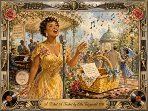 A radiant jazz singer performs beside a vintage microphone at a lively spring bandstand, while musicians, dancers, flowers, and a yellow wicker basket animate the scene. Warm golds, soft blues, coral reds, and creamy sunlight create a joyful nostalgic mood. Watercolor-gouache textures and ornate Art Deco musical framing complete the composition.