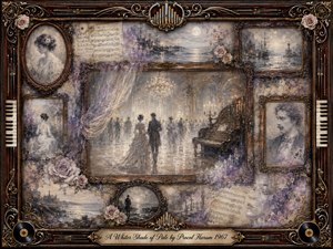A dreamlike Victorian ballroom glows with pale silver and lavender light, surrounded by faded portraits, coastal scenes, roses, sheet music, and ornate rosewood frames. A grand piano anchors the misty central dance scene, while organ keys, vinyl records, gold filigree, and soft watercolor textures deepen the nostalgic, haunting atmosphere.